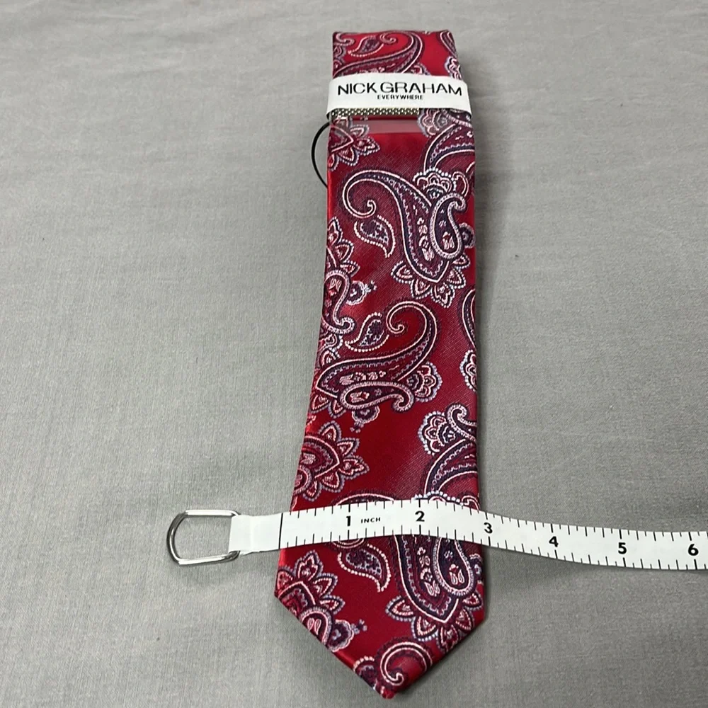Necktie & Clip Set Nick Graham Handmade Mens Red Blue Paisley Neck Tie - Picture 8 of 11